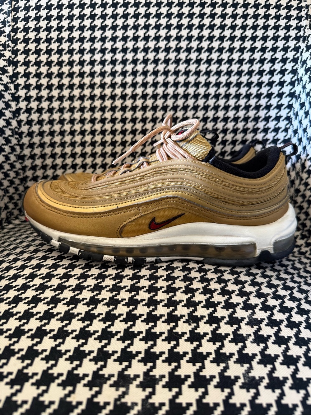 Nike Women’s Air Max 97 in Metallic Gold with Red Swoosh